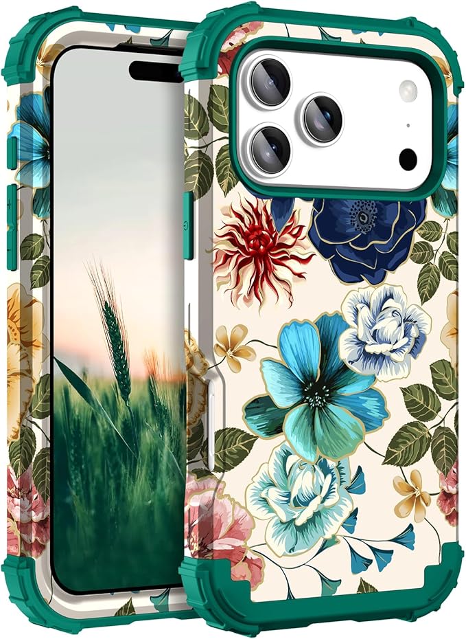 Hocase for iPhone 17 Pro Max Case, Heavy Duty Shockproof Protection Soft Silicone Rubber+Hard Plastic Bumpers Hybrid Protective Case for iPhone 17 Pro Max 2025 - Teal Flowers