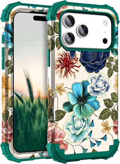 Hocase for iPhone 17 Pro Max Case, Heavy Duty Shockproof Protection Soft Silicone Rubber+Hard Plastic Bumpers Hybrid Protective Case for iPhone 17 Pro Max 2025 - Teal Flowers