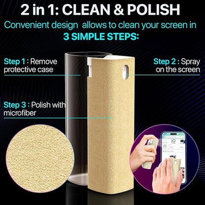 Mini Screen Cleaner Spray – Finger Proof Screen Cleaner for Smartphones, iPads, MacBooks, Laptops, Car Screens, Touchscreens – 3in1 Mist Cleaner, Microfiber Cloth and Protective Cover (Cream)