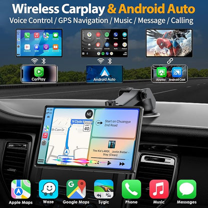 9 inch Carplay Screen for Wireless Apple Carplay & Android Auto, Car Tablet with 4K Dash Cam, 1080P Backup Camera, Bluetooth, Navigation, Mirror Link, Voice Control Car Play Screen