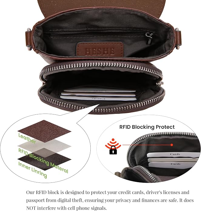 HESHE Leather Small Crossbody Bags for Women RFID Blocking Cell Phone Purse Anti-Theft Travel Bag with wide Straps