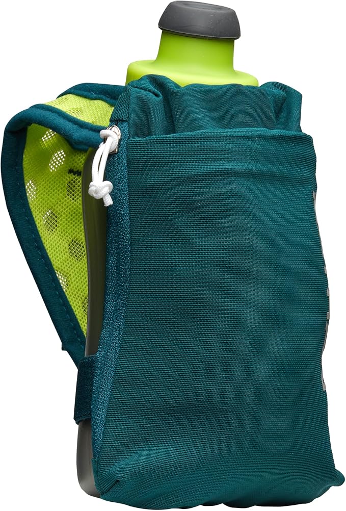 Nathan SpeedDraw 2 Insulated Handheld Running Water Bottle Flask – Double-Wall Insulation, Ergonomic Grip, Blast Valve Cap, Phone & Key Storage Pockets, Reflective Design - 12oz, Deep Teal