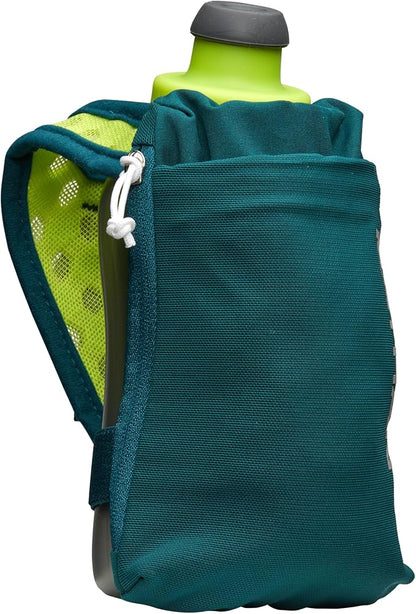 Nathan SpeedDraw 2 Insulated Handheld Running Water Bottle Flask – Double-Wall Insulation, Ergonomic Grip, Blast Valve Cap, Phone & Key Storage Pockets, Reflective Design - 12oz, Deep Teal