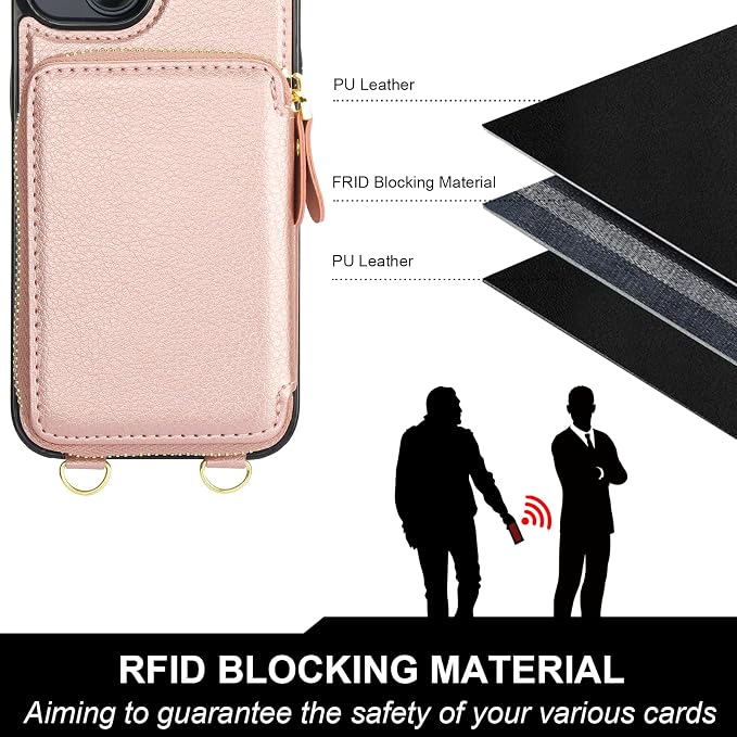 Bocasal for MagSafe Crossbody Wallet Case Compatible with iPhone 15, RFID Blocking Protective Purse Case with Card Slots Holder Kickstand Wrist Strap Lanyard Zipper 6.1 Inch 5G (Rose Gold)
