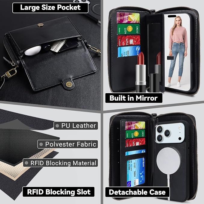 Lacass for iPhone 17 Pro Detachable Crossbody Wallet Case, Compatible with MagSafe Magnetic 2 in 1 RFID Blocking PU Leather Wallet Cover Card Holder Zipper Make Up Mirror (Black)