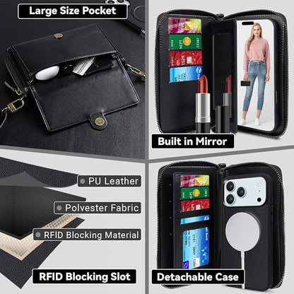 Lacass for iPhone 17 Pro Max Detachable Crossbody Wallet Case, Compatible with MagSafe Magnetic 2 in 1 RFID Blocking PU Leather Wallet Cover Card Holder Zipper Make Up Mirror (Black)