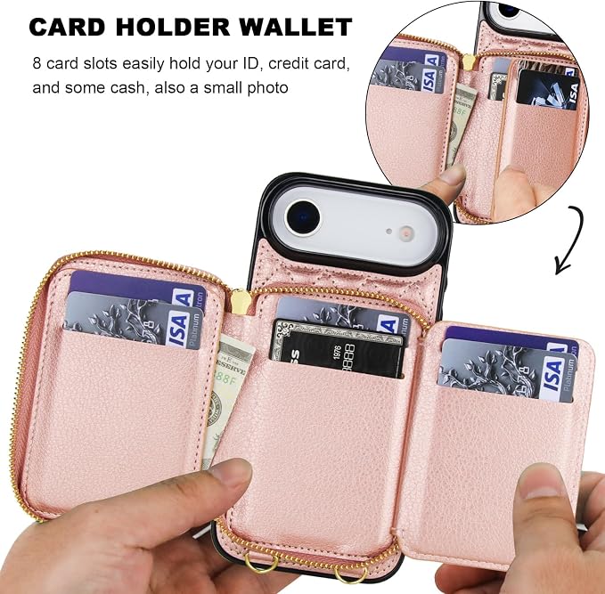 Bocasal Crossbody Wallet Case for iPhone 17 Air, RFID Blocking PU Leather Zipper Handbag Purse Flip Cover, Kickstand Folio Case with Card Slots Holder Wrist Strap Lanyard 5G 6.5 Inch (Rose Gold)