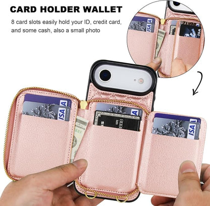 Bocasal Crossbody Wallet Case for iPhone 17 Air, RFID Blocking PU Leather Zipper Handbag Purse Flip Cover, Kickstand Folio Case with Card Slots Holder Wrist Strap Lanyard 5G 6.5 Inch (Rose Gold)