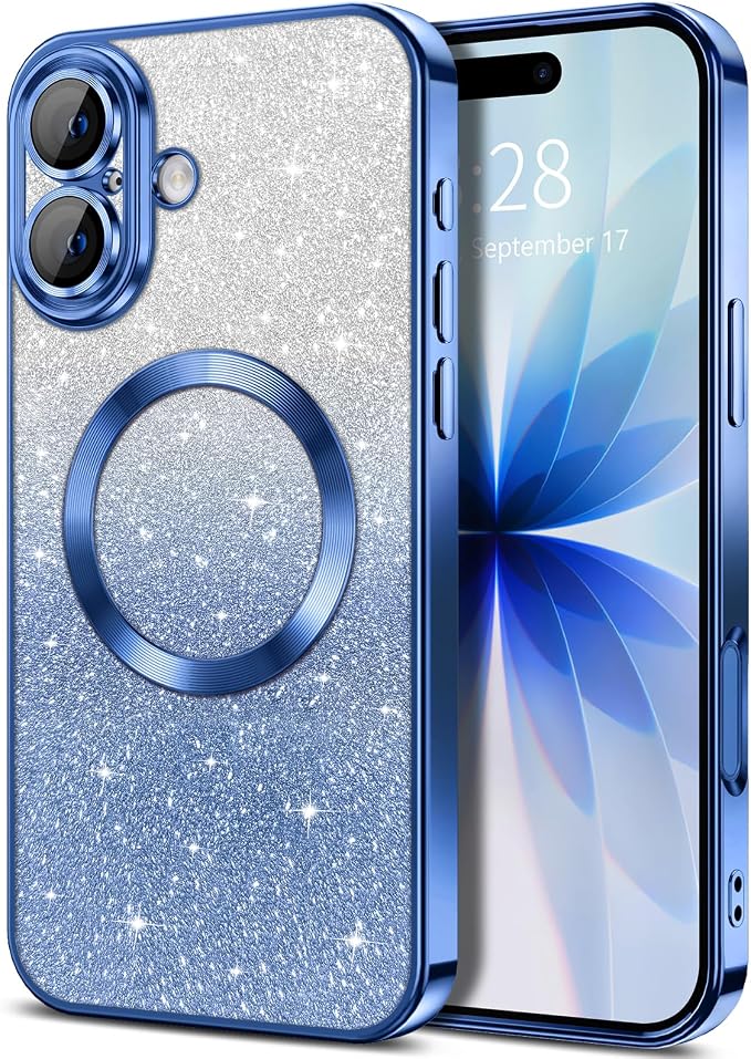 Hython for iPhone 17 Case Glitter Clear Magnetic Phone Cases [Compatible with MagSafe] Full Camera Lens Protector Sparkle Luxury Plating Slim Shockproof Protective Cover, Gradient Deep Blue