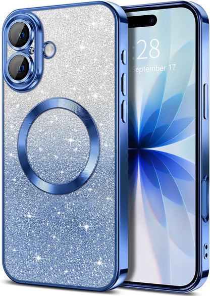 Hython for iPhone 17 Case Glitter Clear Magnetic Phone Cases [Compatible with MagSafe] Full Camera Lens Protector Sparkle Luxury Plating Slim Shockproof Protective Cover, Gradient Deep Blue