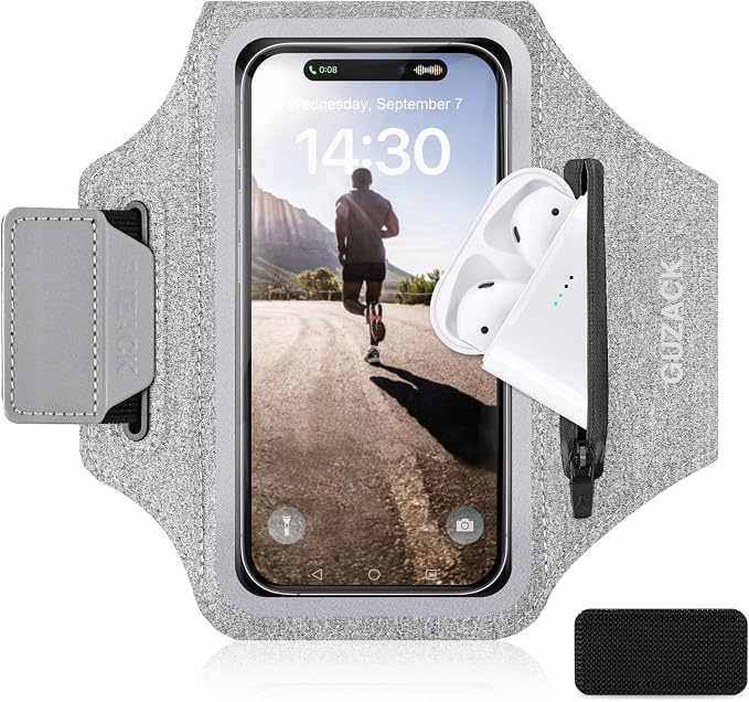 GUZACK Running Armband Case for iPhone 17/16/15/14/13 Pro Max, Galaxy S25/S24/S23/S22, Universal Cell Phone Arm Holder with Key Pocket & Card Slot, Gray