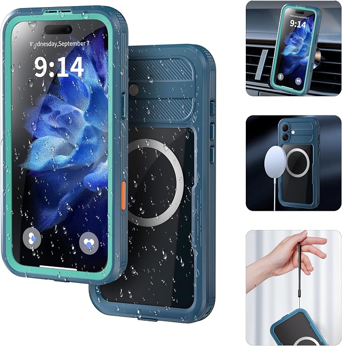 Omio for iPhone 16 Plus Waterproof Case Compatible with MagSafe, Magnetic Waterproof Full Body IP68 Underwater Case Built-in Screen Protector Military Grade Shockproof Case for Men Women Teal
