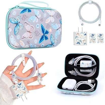 CamCosy Phone Charger Case Storage Set with Cute Butterfly Cable Protector with Carrying Cable Case Bag, Cord Organizer, USB Earphone Wire Saver Organizer Charger Protector for iPhone (Grey Blue)
