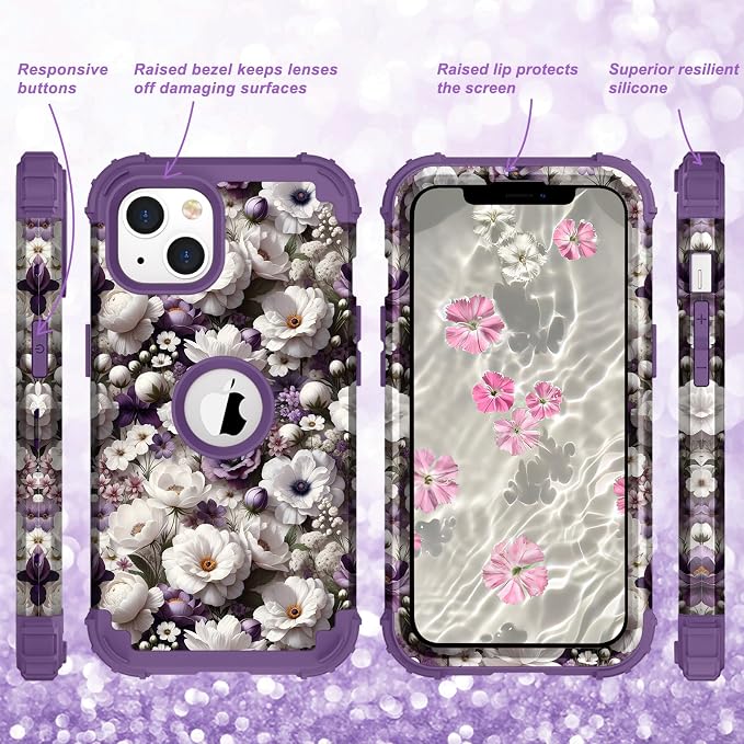 Hocase for iPhone 14 Case/iPhone 13 Case, Heavy Duty Shockproof Protection Soft Silicone Rubber+Hard Plastic Bumpers Hybrid Protective Case for iPhone 13/14 (6.1") - White Flowers