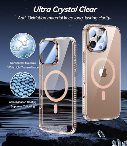 [Upgraded] for iPhone 16 Pro Case with Camera Cover Stand [Fit for MagSafe][9H Camera Lens Protector] Mil-Grade Protection Transparent Magnetic iPhone 16 Pro Phone Case, Clear Gold