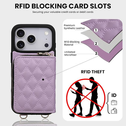 Keallce Case for iPhone 17 Pro 6.3'' Wallet Case, Crossbody Zipper Purse with Wrist Strap Lanyard Handbag, RFID Blocking Card Holders, Kickstand Flip Leather Cover for iPhone 17 Pro, Purple