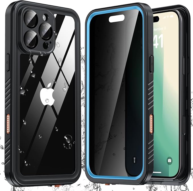 ANTSHARE for iPhone 16 Pro Max Case Waterproof, [Anti Spy] Privacy Screen Protector for iPhone 16 Pro Max, [IP68 Under Water] Heavy Duty Full-Body Shockproof Phone Case, Blue