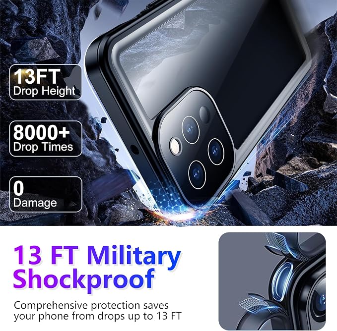 Temdan Compatible with iPhone 13 Pro Max Case Waterproof, Built-in Screen & Camera Protector IP68 Underwater Full Body 13FT Military Dropproof Shockproof Phone Case 6.7"-Blue/Clear