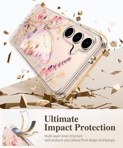 GVIEWIN for Samsung Galaxy S25 Case, Clear Floral Slim Shockproof Protective Women Phone Case, Non-Yellowing, with Screen Protector & Camera Lens Protector for Galaxy S25 6.2", Magic Butterfly/Golden