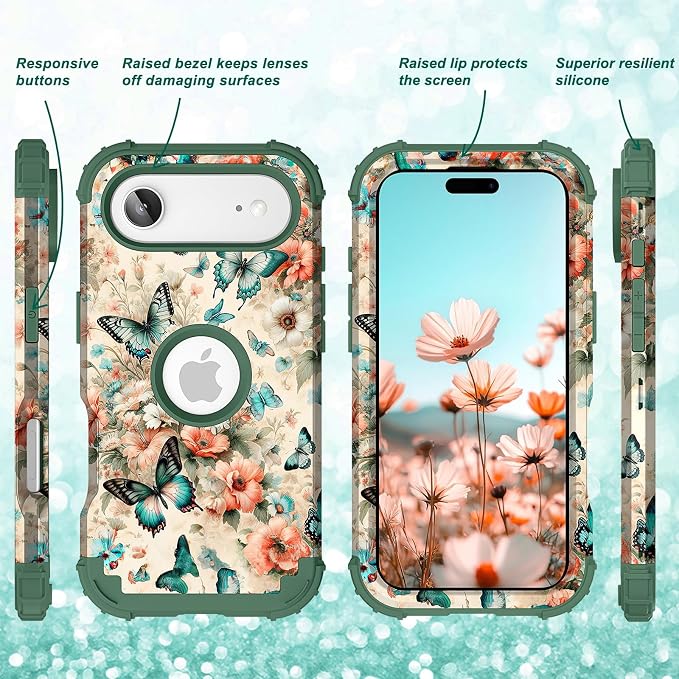 Hocase for iPhone Air Case 6.5", Heavy Duty Shockproof Protection Soft Silicone Rubber+Hard Plastic Bumpers Hybrid Protective Case for iPhone Air 2025 - Teal Green Butterflies
