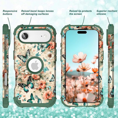 Hocase for iPhone Air Case 6.5", Heavy Duty Shockproof Protection Soft Silicone Rubber+Hard Plastic Bumpers Hybrid Protective Case for iPhone Air 2025 - Teal Green Butterflies