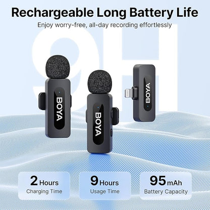 BOYA by-V2 Wireless Microphones for iPhone iPad with MFi Certified Lightning Port, 328ft Range, 9H Battery Life, Noise Reduction Mini Mic Clip on Lapel Microphone Wireless for Video Recroding