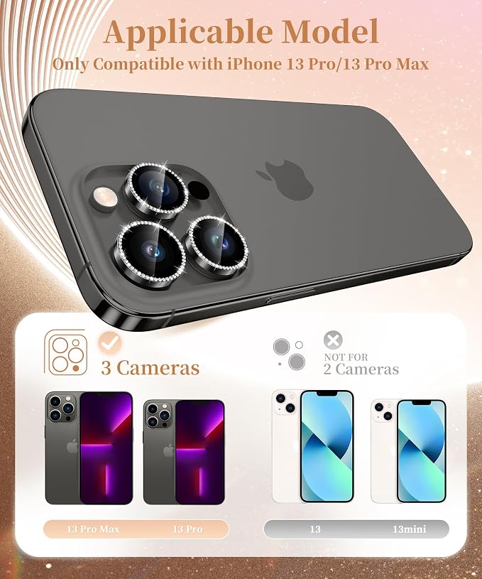GolbinBox Camera Lens Protector for iPhone 13 Pro/13 Pro Max, 1:1 Invisible Fit, 9H Tempered Glass Ultra HD Metal Individual Camera Cover for Women, Case Friendly, Bling/Black