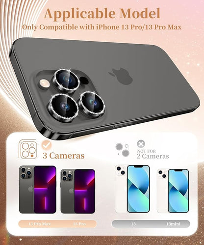 GolbinBox Camera Lens Protector for iPhone 13 Pro/13 Pro Max, 1:1 Invisible Fit, 9H Tempered Glass Ultra HD Metal Individual Camera Cover for Women, Case Friendly, Bling/Black