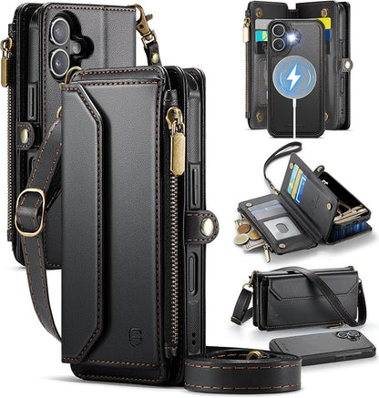Strapurs for iPhone 17 Detachable Wallet Case Compatible with Magsafe for Women, RFID Blocking 9-Card Holder Zipper Wrist Strap Lanyard PU Leather Magnetic Phone Case for iPhone 17 6.3", Black