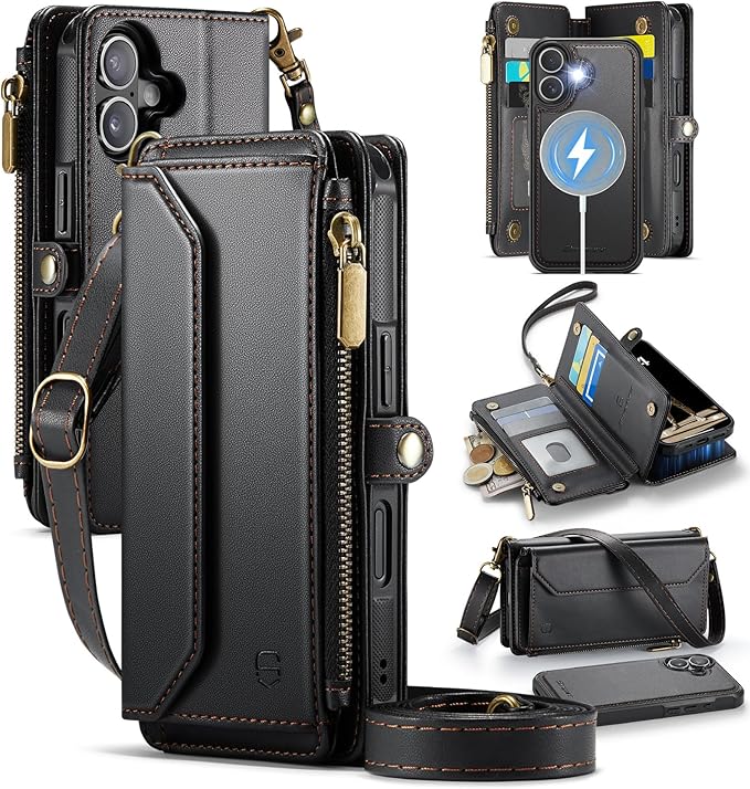 Strapurs for iPhone 16 Detachable Wallet Case Compatible with Magsafe for Women, RFID Blocking 9-Card Holder Zipper Wrist Strap Lanyard PU Leather Magnetic Phone Case for iPhone 16 6.1", Black