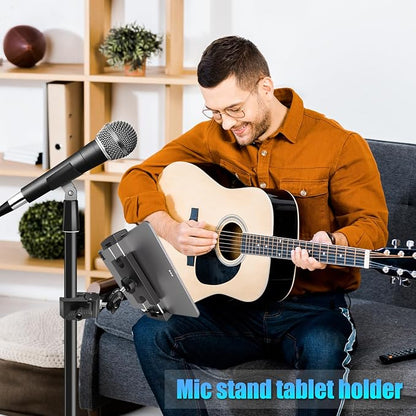 Mic Stand Tablet Holder, 360° Swivel iPad Mic Stand Holder Phone iPad Holder for Mic Stand/ Treadmill/ Spin Bike/ Peloton Exercise Bike Handlebar Mount, Fits 4-12.9" iPad, iPhone, Android Smartphones