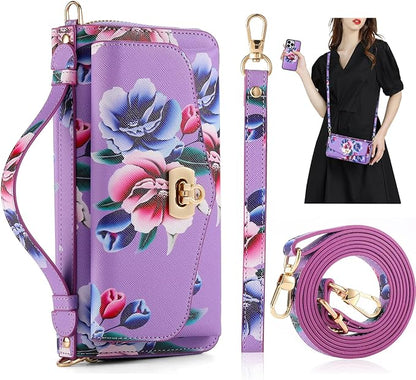 Crossbody Wallet Case for iPhone 16 Pro 6.3", Magnetic Detachable Floral PU Leather Phone Case with RFID Blocking Card Holder Wristlet Mirror Flip Zipper Shoulder Purse Bag for Women - Purple