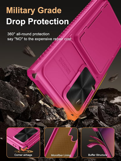 Vihibii for Samsung Galaxy S23 Ultra Case with Card Holder (4 Cards), Slide Camera Cover & Stand, Raised Edges Protect Screen & Military Grade Drop Protection Case for Galaxy S23 Ultra 6.8", Hot Pink