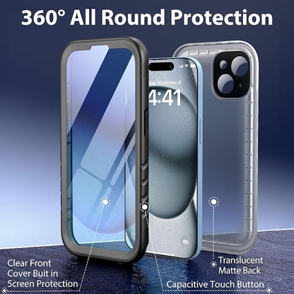 SPORTLINK Compatible with iPhone 15 Plus Waterproof Shockproof Case with Camera Screen Protector,Underwater, Dustproof, Dropproof,Rugged 360 Protective Military Grade 6.7Inch Black/Frosted Clear