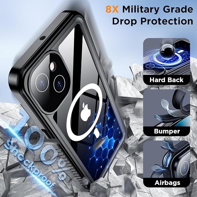 Temdan Magnetic for iPhone 13 Case Waterproof, Built-in Screen Protector[IP68 Underwater][Compatible with MagSafe][Full Body Shockproof][Military Dropproof] Protective Case for iPhone 13-Black/Clear