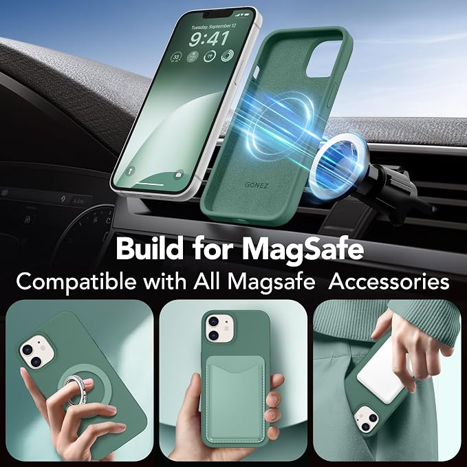 GONEZ Magnetic for iPhone 12 Case / 12 Pro Case, Compatible with MagSafe, [Screen Protector + Camera Lens Protector], Silicone Shockproof Anti-Scratch Protective Phone Case 6.1 inch, Midnight Green