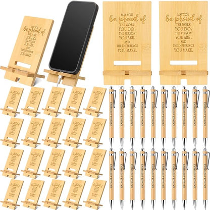 Ripeng 20 Sets Employee Appreciation Gifts Bulk Bamboo Phone Stands with Ballpoint Pens for Desk Office Workers Thank You Gift for Team Coworkers Staff Volunteer Nurse Teacher Colleagues