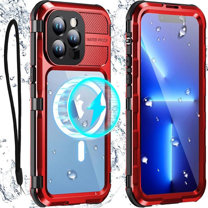WIFORT for iPhone 13 Pro Waterproof Case - Metal 360 Full Body [IP68 Water Proof][Built-in Screen Protector][14FT Military Shockproof][Compatible with MagSafe] Dustproof Protective Cover, 6.1" Red
