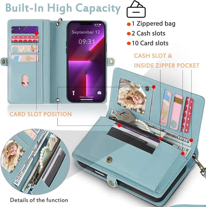 for Wallet Case Compatible with iPhone 13 Pro Max,Multi-Function Detachable 2 in 1 Magnetic iPhone 13 Pro Max Case Wallet,Flip Strap Zipper Card Holder Phone Case with Shoulder Straps (Blue)