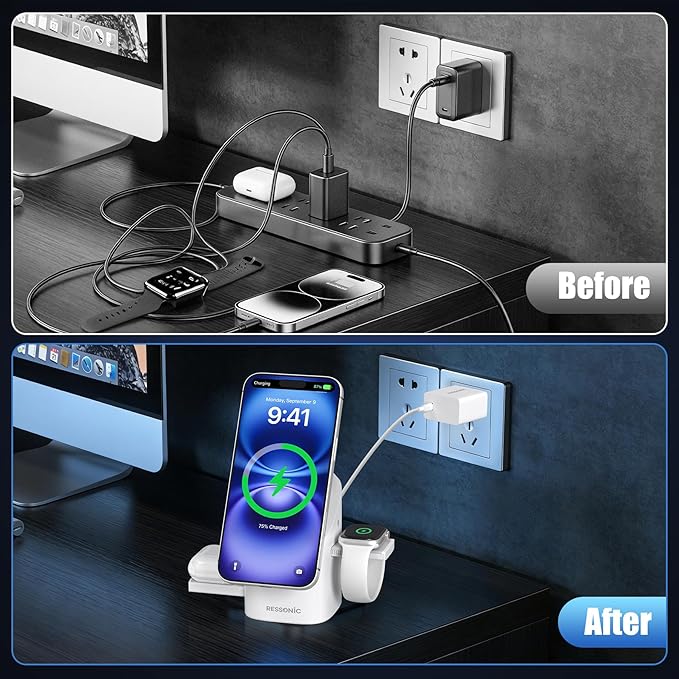 3 in 1 Wireless Charging Station for iPhone 17/16/15/14/13/12 Pro Max, Qi 2 Certified 15W Fast Charging Magnetic Charger Stand for Magsafe Phone, AirPods, Smart Watch (Black)