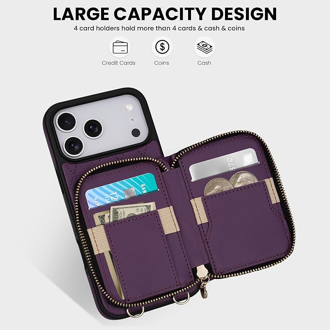 Keallce Case for iPhone 17 Pro Max 6.9'' Wallet Case, Crossbody Zipper Purse with Wrist Strap Lanyard Handbag, RFID Blocking Card Holders, Flip Leather Cover for iPhone 17 Pro Max, Darkpurple