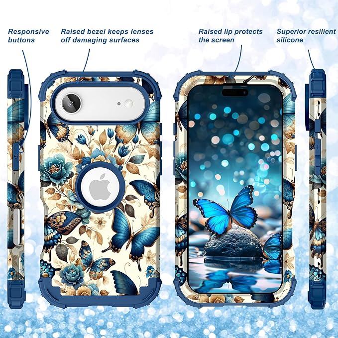 Hocase for iPhone Air Case 6.5", Heavy Duty Shockproof Protection Soft Silicone Rubber+Hard Plastic Bumpers Hybrid Protective Case for iPhone Air 2025 - Blue Butterflies