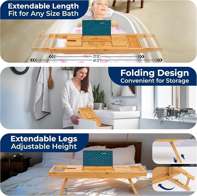 SereneLife 2 in 1 Bed and Bath Tray - Foldable Bamboo Bathtub Caddy with Adjustable Length, Non-Slip, Device Holder, Wine Glass Slot, Expandable for Comfortable Bathing (Folding, Soft Back, Gift Set)