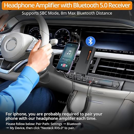 Neoteck Portable 3.5mm Headphone Amplifier with Bluetooth 5.0 Receiver, Two-Stage Gain Switch, 16-300 Ohm HiFi Earphone Amp, Aluminum Matte Surface