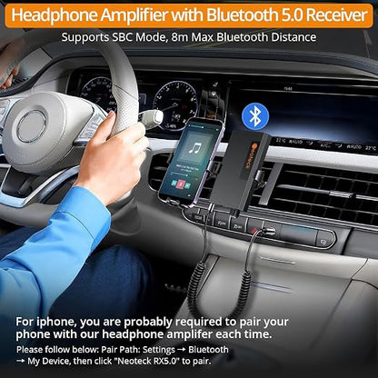 Neoteck Portable 3.5mm Headphone Amplifier with Bluetooth 5.0 Receiver, Two-Stage Gain Switch, 16-300 Ohm HiFi Earphone Amp, Aluminum Matte Surface