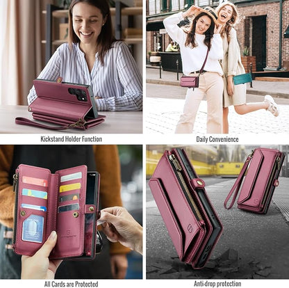 Strapurs Crossbody Wallet Case Compatible with Samsung Galaxy S22 Ultra 5G RFID Blocking 10-Card Holder Soft PU Leather Magnetic Snap Strap Zipper Pocket Phone Case Fit for Galaxy S22 Ultra - Wine Red