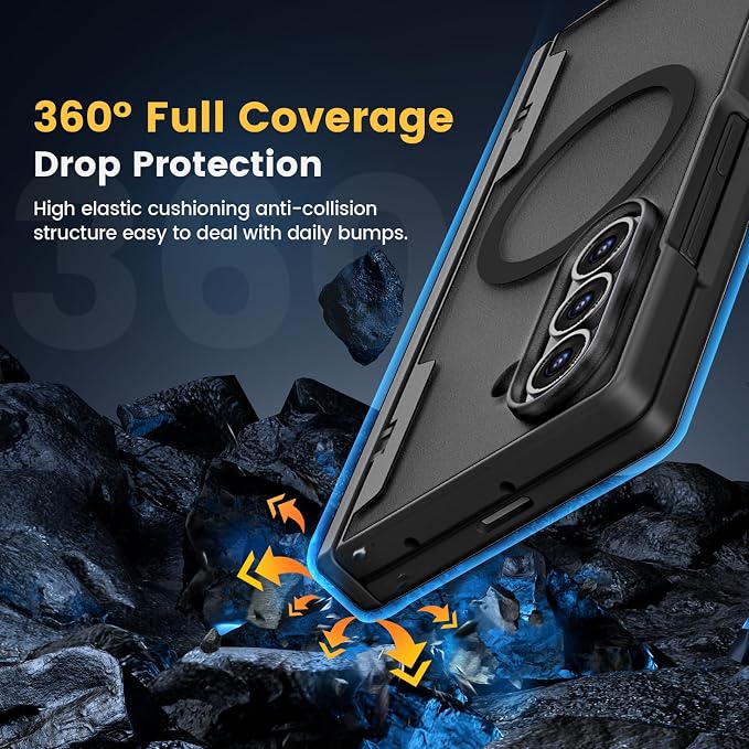 Caka Magnetic for Samsung Galaxy Z Fold 7 Case with Hinge Protection Black | Compatible with MagSafe, Built-in Outer Screen Protector, Hinge Guard, Translucent Matte Back, 360° Hybrid Drop Defense