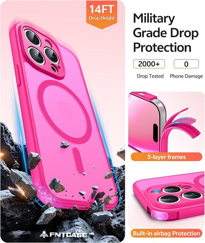 FNTCASE for iPhone 14 Pro Case: [Compatible with Magsafe] Translucent Matte Cases with [Full Camera Protection] [Screen Protector] Military Grade Shockproof Protective Phone Cover - Hot Pink