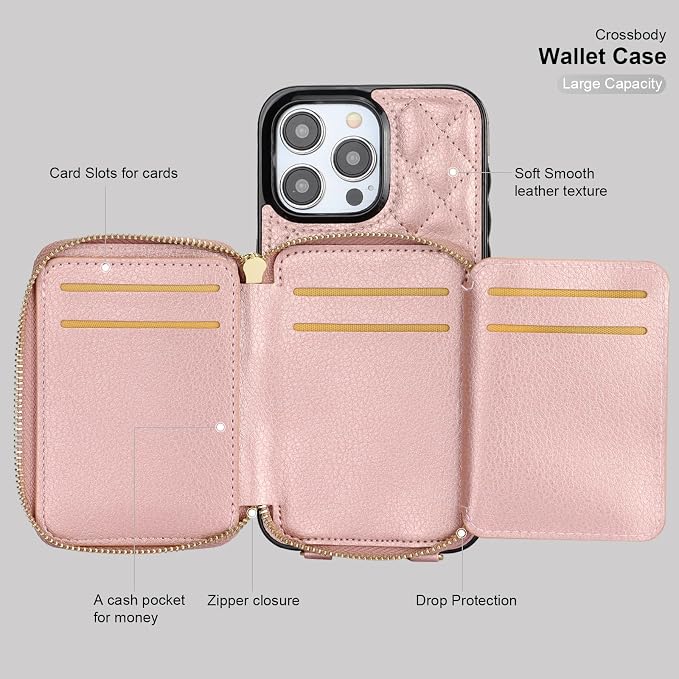 Bocasal Crossbody Wallet Case for iPhone 15 Pro Max, RFID Blocking PU Leather Zipper Handbag Purse Flip Cover, Kickstand Folio Case with Card Slots Holder Wrist Strap Lanyard 5G 6.7 Inch (Rose Gold)