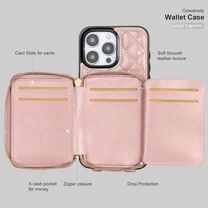 Bocasal Crossbody Wallet Case for iPhone 15 Pro Max, RFID Blocking PU Leather Zipper Handbag Purse Flip Cover, Kickstand Folio Case with Card Slots Holder Wrist Strap Lanyard 5G 6.7 Inch (Rose Gold)